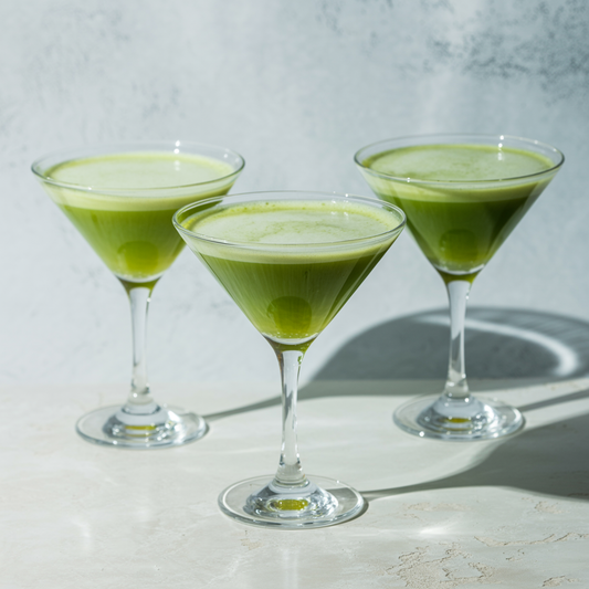 Three martini glasses filled with fluffy matcha latte on a light clean background