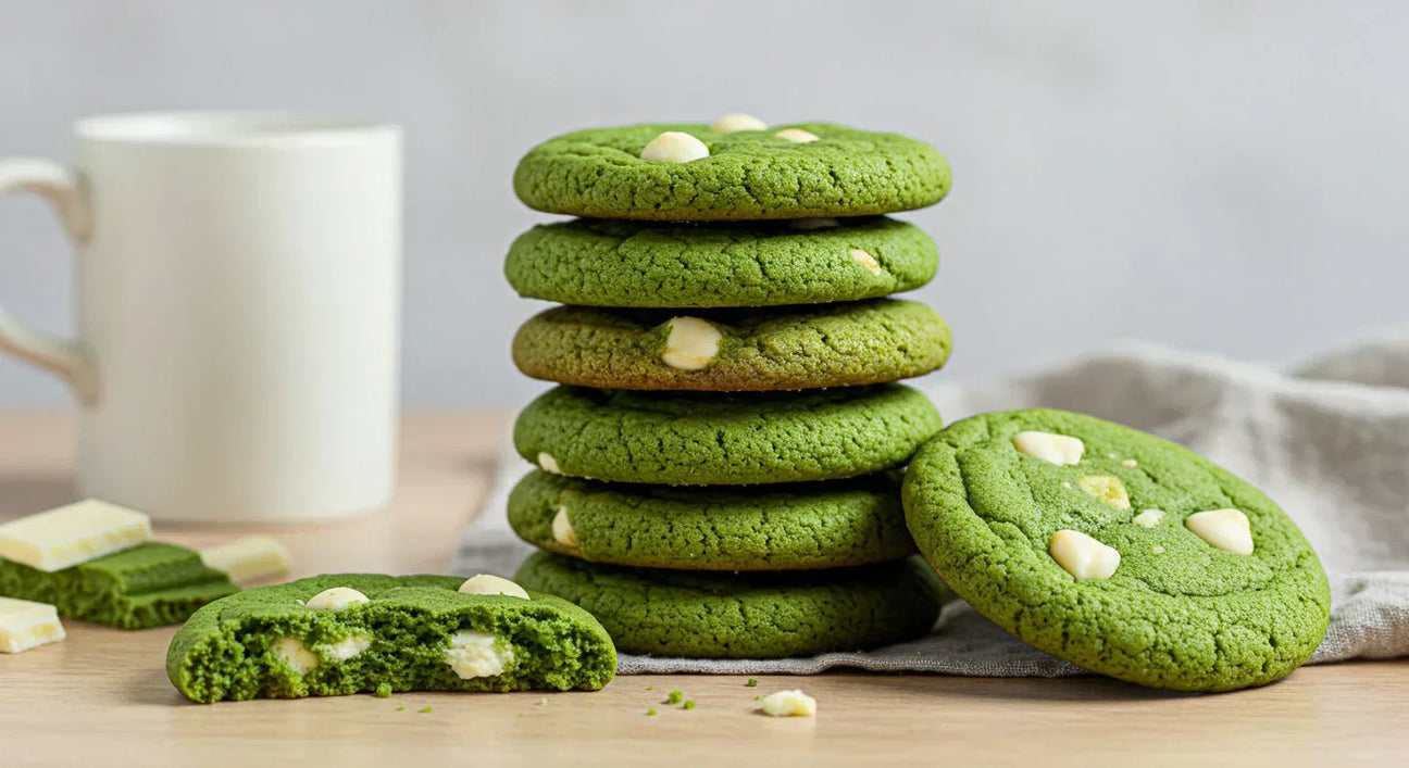 Stack of green matcha cookies with white chocolate chips on a table, next to a mug